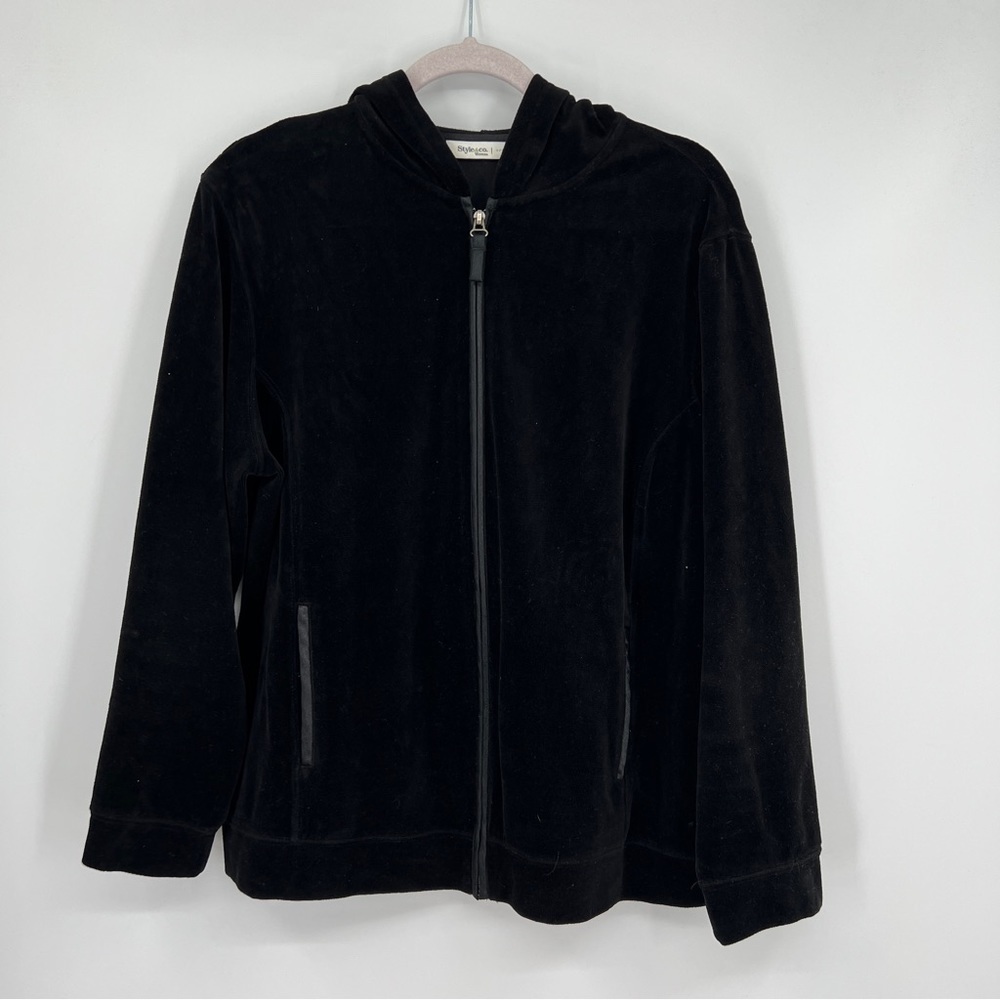 Style & Co. Woman Sport Black Velour Hooded Zipper Long Sleeve Pocketed Jacket - Picture 1 of 7